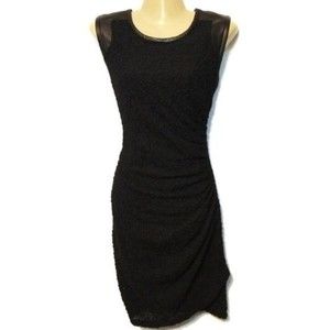 Sea NY lamb leather and lace ruched bodycon little black dress